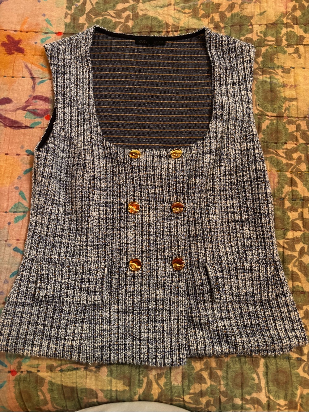 Zara Tweed Double-Breasted Tank Top with Gold Buttons